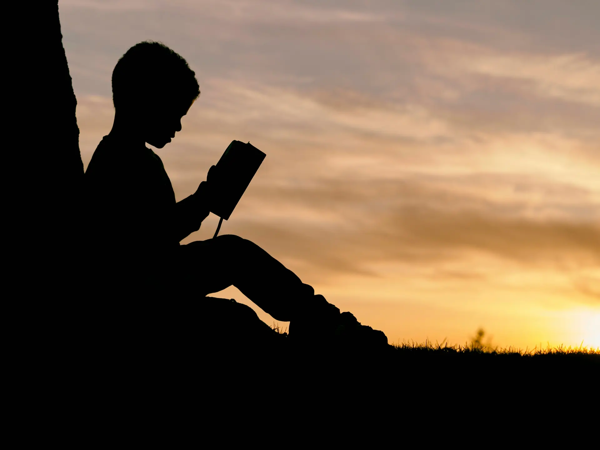 A child in silhouette reading a book against a sunset sky